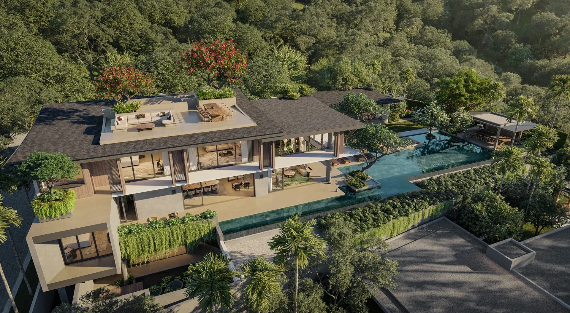 依拉扬山坡错落而建的别墅——开发商航拍效果图;带地块编号的总平面图尚未发布